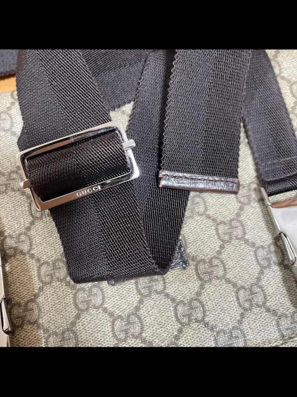 Gucci Brown GG Canvas Messenger Bag with Black Strap